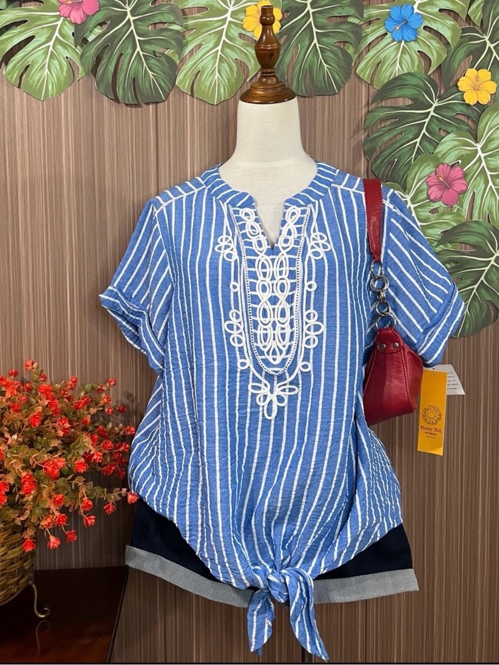 Ruby Rd Blue White Striped Short Sleeve Blouse Tie Front Embroidered SZ 1X NWT